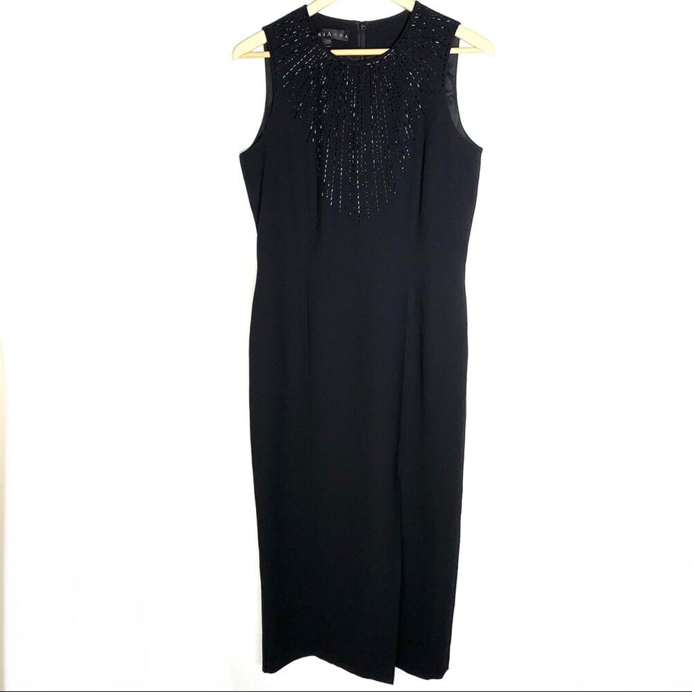 Marianna black beaded midi length sheath cocktail dress size 8 B89